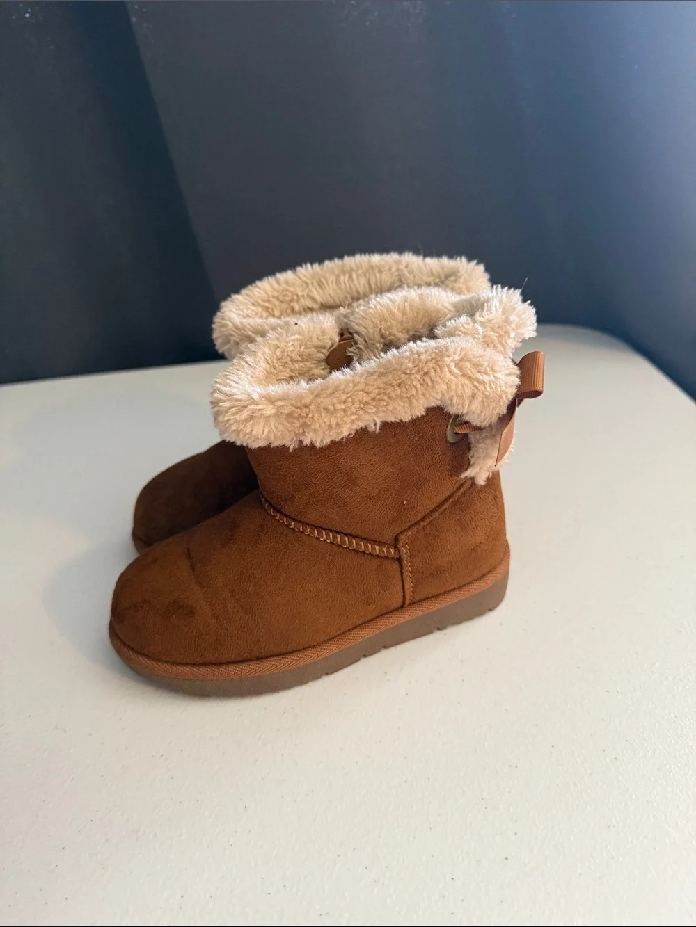 Kids Faux-Suede Shearling Ankle Boots with Bow - Brown